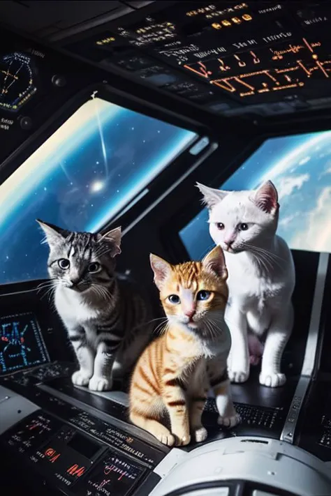 kittens arguing over map coordinates on screen in cockpit of spaceship,flying through space,interstellar travel,cat piloting UFO...