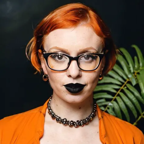 a nerdy woman with square glasses and short cropped ginger hair,black lipstick,black choker collar,holding a can of Yerba Mate,o...