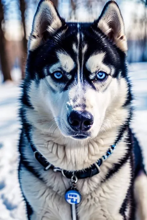 a красивый Husky dog sitting and looking at viewer,СЕЛФИ,красивый (ледяные голубые глаза),эпиCФото,кинематографический