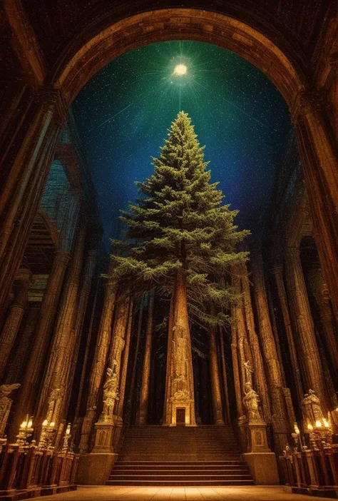 a close up of a tree in a church with a sky background