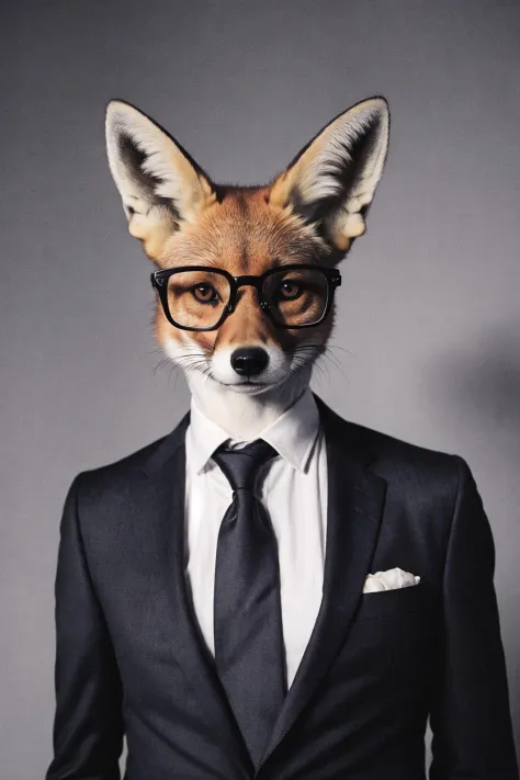 一隻穿著西裝的可愛狐狸的動物肖像照片, 戴眼鏡, 使用哈蘇中片幅相機拍攝, 黑暗主題, 最好的陰影
