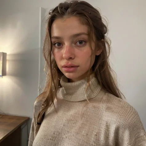 a close up of a woman with a sweater on standing in front of a desk