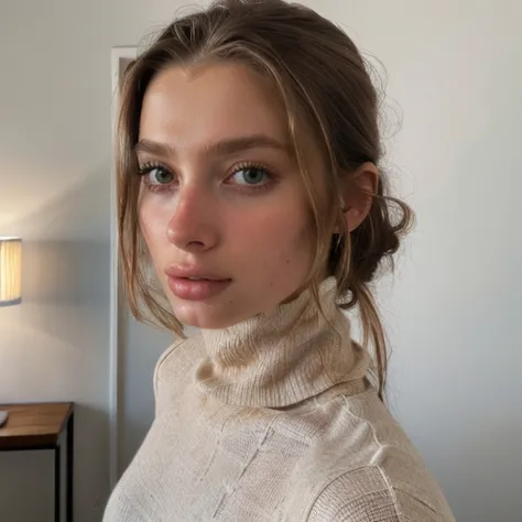 a close up of a woman wearing a turtle neck sweater