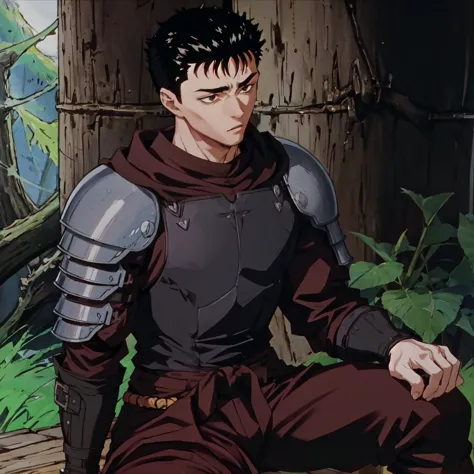 <lora:kenpuu_denki_berserk-10:1>, kenpuu_denki style,guts, pants, sword on shoulder, forest, short hair,man, close up,black hair,  sitting,brown eyes, looking down