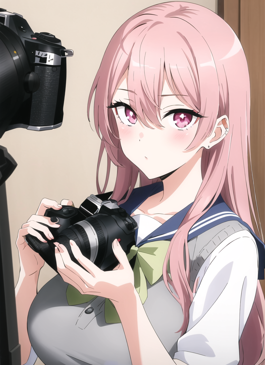 Anime girl with pink hair holding a camera and looking at the camera -  SeaArt AI