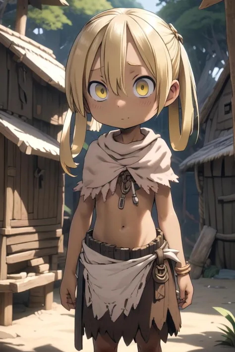 <lora:irumyuuisdxl-000019:0.5>
1girl, mia_irumyuui,
she has blonde hair.
(yellow eye color), (hair rings:1.4),
dark skin, wooden village, (flat chest), tribal outfit,
outside, well lit, savage skirt, naval, chest fully covered in rags,
draw it in the style of made in abyss,
The soft lighting and detailed surroundings create an immersive environment where imagination runs wild
high quality visuals, dim Lighting, sharply focused, octane render, 8k UHD