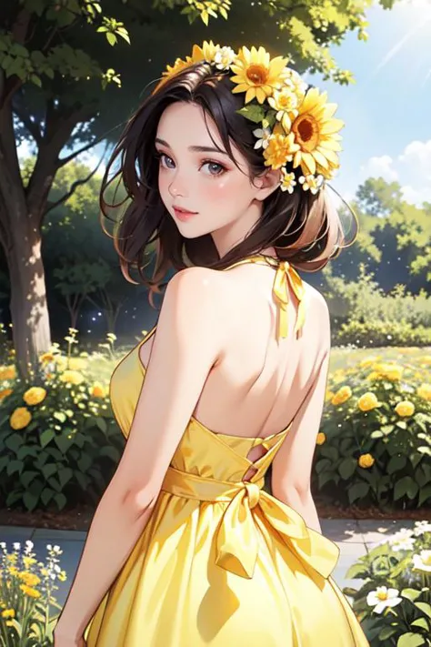 masterpiece, best quality, edgYSD, woman wearing a yellow sundress, <lora:edgChamYellowSundress:1>, 1girl, solo, glossy skin, sh...