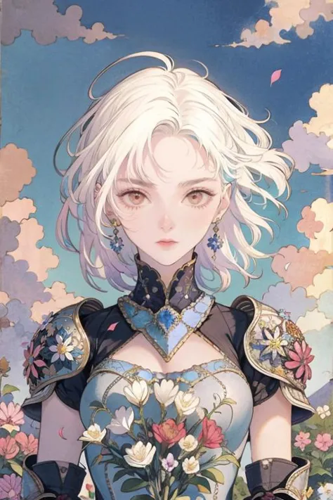 1girl, solo, portrait, shiny skin, white hair, multicolored hair, woman, flowers, iridescent armor, intricate, falling petals, m...