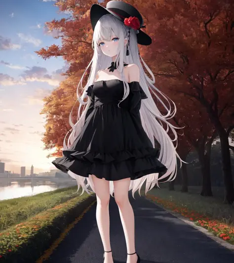 highres, (best quality:1.2), 1girl, autumn leaves, bangs, bare shoulders, black dress, black footwear, black headwear, building,...