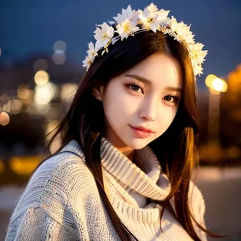 a close up of a woman wearing a flower crown on her head