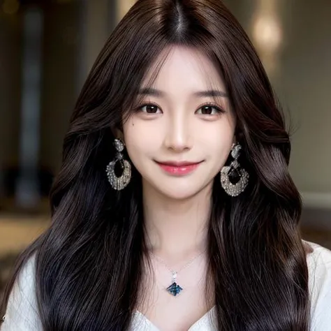 1girl,solo,jewelry,long hair,earrings,black hair,looking up,blurry,realistic,smile,hair ornament,brown eyes,brown hair,closed mouth,lips,blurry background,<lora:more_details:0.9>,<lora:mix4:0.7>,<lora:koreanDollLikeness_v15:0.6>,