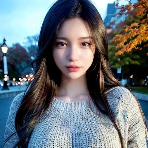 1girl,(wearing a knit sweater and long coat:1.2),(RAW photo, best quality),(realistic, photo-realistic:1.4),masterpiece,an extremely delicate and beautiful,extremely detailed,2k wallpaper,Amazing,finely detail,extremely detailed CG unity 8k wallpaper,ultra-detailed,highres,soft light,beautiful detailed girl,extremely detailed eyes and face,beautiful detailed nose,beautiful detailed eyes,cinematic lighting,at a park,maple leaves in autumn,autumn scenery,city lights at night,perfect anatomy,slender body,<lora:koreanDollLikeness_v15:0.7>,masterpiece,best quality,