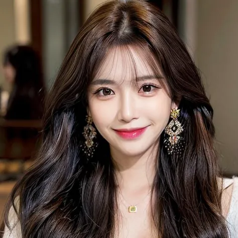 1girl,solo,jewelry,long hair,earrings,black hair,looking up,blurry,realistic,smile,hair ornament,brown eyes,brown hair,closed mouth,lips,blurry background,<lora:more_details:0.9>,<lora:mix4:0.7>,<lora:koreanDollLikeness_v15:0.6>,