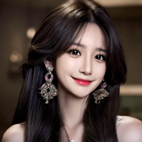 a woman with long black hair and earrings posing for a picture