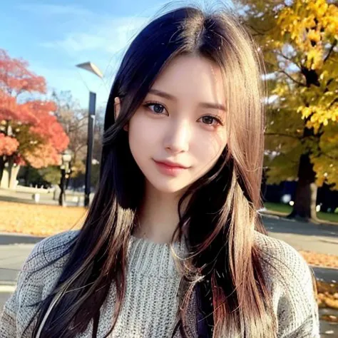 1girl,(wearing a knit sweater and long coat:1.2),(RAW photo, best quality),(realistic, photo-realistic:1.4),masterpiece,an extremely delicate and beautiful,extremely detailed,2k wallpaper,Amazing,finely detail,extremely detailed CG unity 8k wallpaper,ultra-detailed,highres,soft light,beautiful detailed girl,extremely detailed eyes and face,beautiful detailed nose,beautiful detailed eyes,cinematic lighting,at a park,maple leaves in autumn,autumn scenery,city lights at night,perfect anatomy,slender body,<lora:koreanDollLikeness_v15:0.7>,masterpiece,best quality,