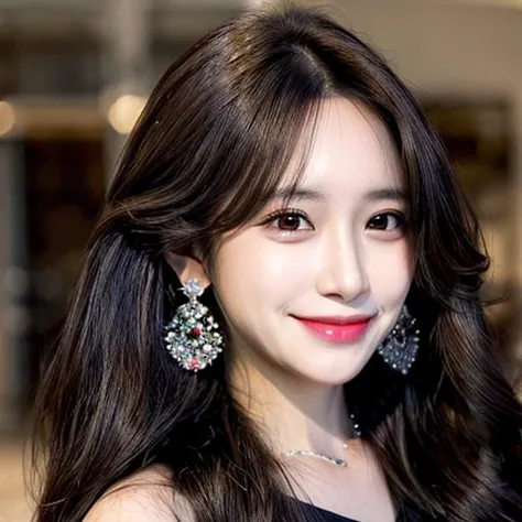 1girl,solo,jewelry,long hair,earrings,black hair,looking up,blurry,realistic,smile,hair ornament,brown eyes,brown hair,closed mouth,lips,blurry background,<lora:more_details:0.9>,<lora:mix4:0.7>,<lora:koreanDollLikeness_v15:0.6>,