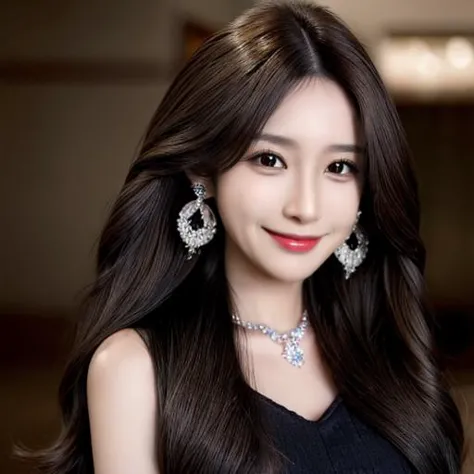 a woman with long hair wearing a black dress and earrings