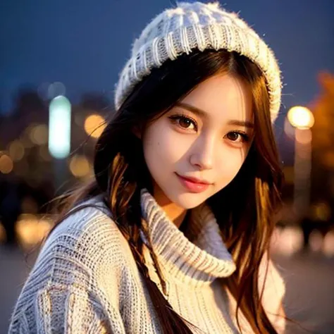 arafed image of a woman with a white hat and sweater