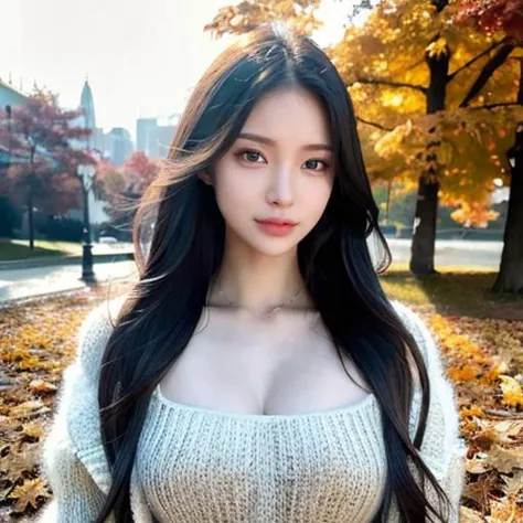 a close up of a woman with long black hair wearing a sweater