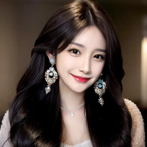 a woman with long black hair wearing earrings and a white dress