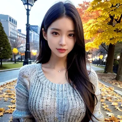 1girl,(wearing a knit sweater and long coat:1.2),(RAW photo, best quality),(realistic, photo-realistic:1.4),masterpiece,an extremely delicate and beautiful,extremely detailed,2k wallpaper,Amazing,finely detail,extremely detailed CG unity 8k wallpaper,ultra-detailed,highres,soft light,beautiful detailed girl,extremely detailed eyes and face,beautiful detailed nose,beautiful detailed eyes,cinematic lighting,at a park,maple leaves in autumn,autumn scenery,city lights at night,perfect anatomy,slender body,<lora:koreanDollLikeness_v15:0.7>,masterpiece,best quality,