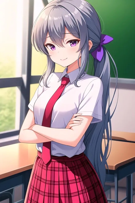 anime girl in a school uniform standing in front of a blackboard