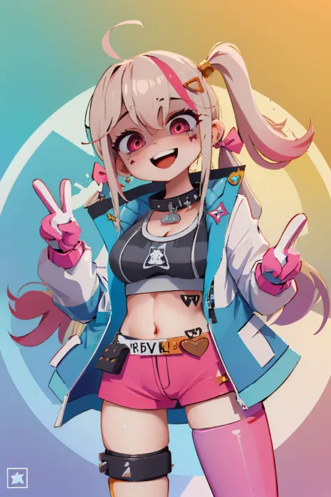 (masterpiece, best quality:1.2), solo, 1girl, nikkejackal, facial mark, shaded face, smile, looking at viewer, peace sign, ahoge, twintails, hair ornament, glowing eyes, open clothes, jacket, sports bra, pink shorts, single thighhigh, pink gloves <lora:nikke_jackal:0.9> <lora:concept_shadedface:1.0>