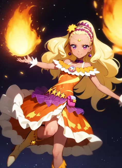 curesol, 1girl, solo, star hair ornament, hairband, earrings, purple choker, orange dress, wrist cuffs, pouch, star (symbol), knee boots, smile, looking at viewer, closed mouth, fire, cowboy shot, leg up, dynamic pose, anime coloring,  <lora:amamiyael_V2-10:0.9>  <lora:Envybetterhandslocon_Beta2:1>