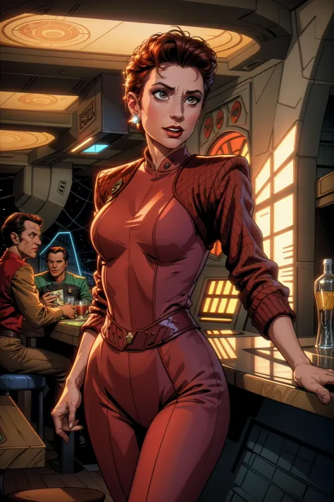 a woman in a red outfit standing in front of a bar