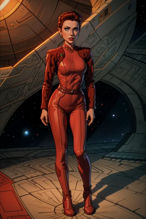 a woman in red is standing in a space station