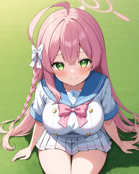 anime girl with pink hair and blue dress sitting on grass