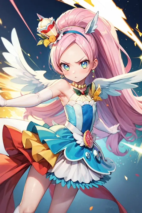 a girl with pink hair and a blue dress holding a sword