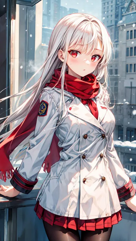 anime girl in a white coat and red scarf standing on a balcony