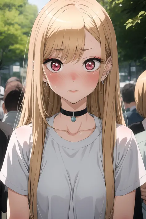 anime girl with long blonde hair and red eyes standing in front of a crowd