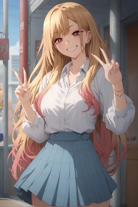 anime girl with long blonde hair and blue skirt posing for the camera