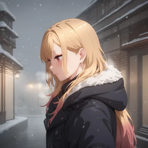 anime girl in winter clothes standing in the snow in front of a building