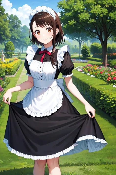 masterpiece, best quality, highres, aakosaki, brown hair, sidelocks, maid, maid headdress, smile, skirt hold, garden, standing