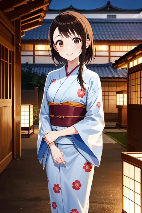 masterpiece, best quality, highres, aakosaki, brown hair, sidelocks, shrine, japanese clothes, yukata, night, standing, cowboy shot, smile, v arms,