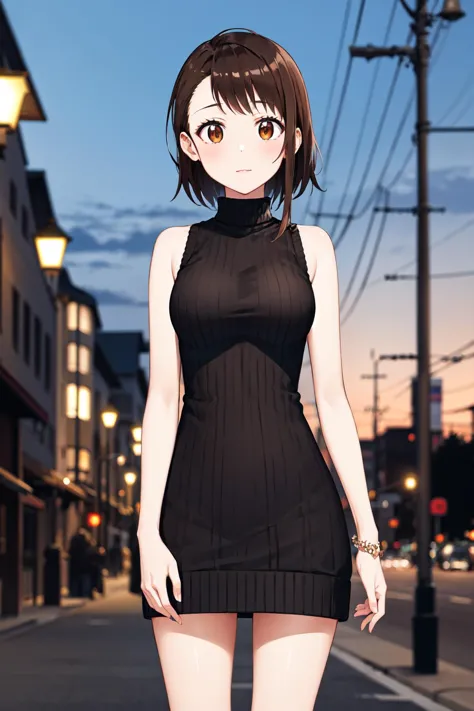 masterpiece, best quality, highres, aakosaki, brown hair, sidelocks, <lora:onodera_kosaki_v2:0.7>, sweater dress, sleeveless, ri...