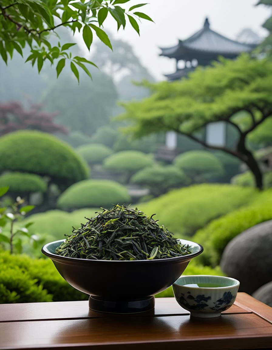 清晨翠绿的煎茶与雾气弥漫的花园背景, 寧靜