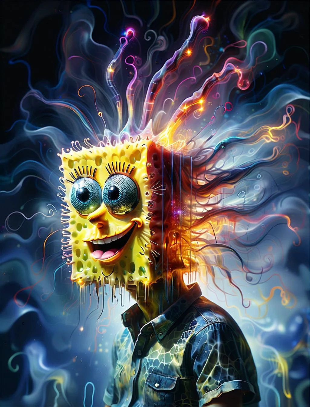 dvr-wwyt double exposure, modern oil painting of (spongebob squarepants:1.2), thinking of neon glowing fractal kirlian electricity