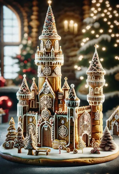 cinematic photo cinematic photo <lora:SDXLSugarCookie:1> sugarcookiestyle, Epic Gingerbread castle, Candy trees, Towers, moat, powdered sugar details . 35mm photograph, film, bokeh, professional, 4k, highly detailed . 35mm photograph, film, bokeh, professional, 4k, highly detailed