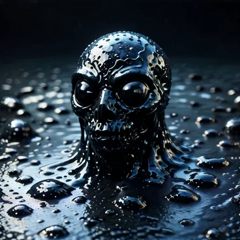 a close up of a skull statue in the water with water droplets