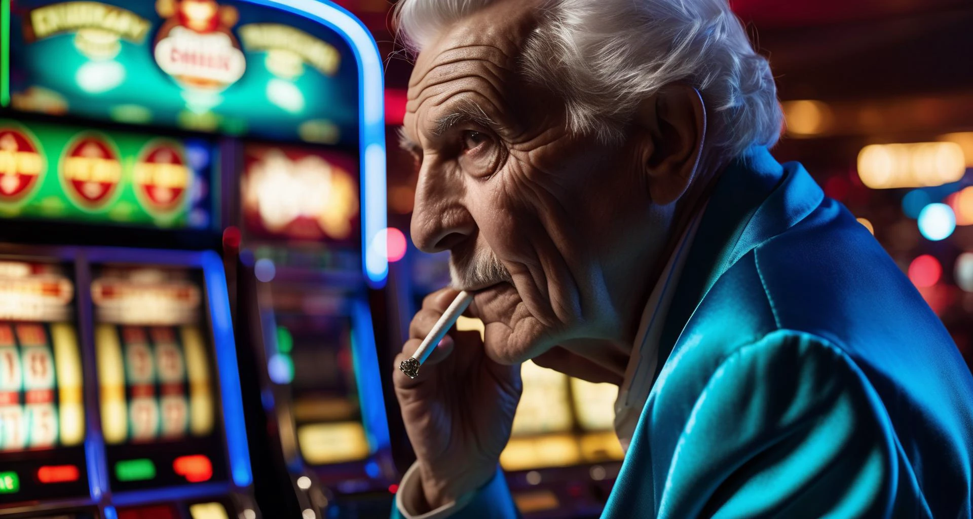 令人驚嘆的獲獎詳細特寫環境彩色肖像照片，照片上是一位堅定的風化皺紋老人 (抽煙:1.2) 祖父在拉斯維加斯玩老虎機，穿著一件凌亂的閃亮運動外套，電影般的夜間輝煌逼真, 鮮豔的色彩