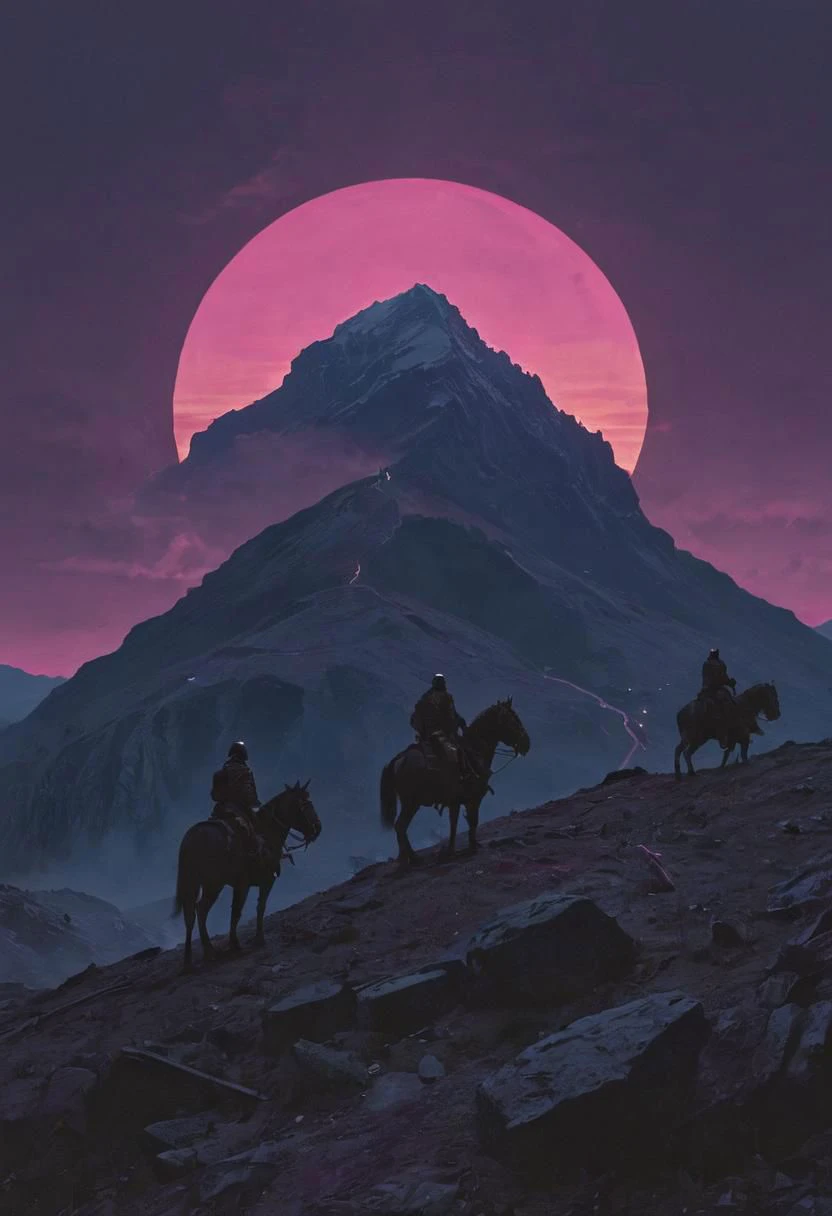 Capture the neon-pastel dystopian modern casual essence of Roman general Hannibal and armored elephants as they relentlessly climb up a desolate mountain slope of the alps. Explore the neon-pastel somber tones and bleak atmosphere in your depiction