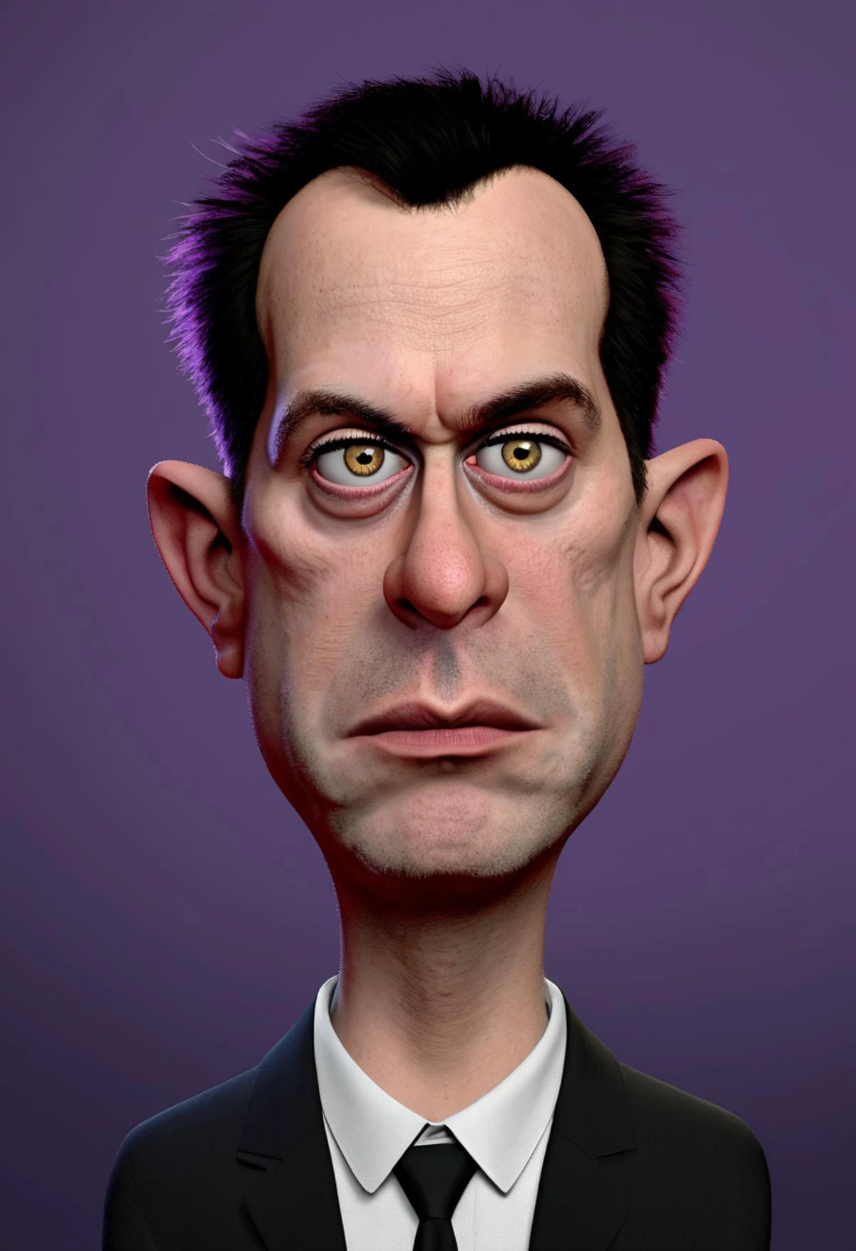 Caricature of a man with exaggerated features, 3D digital art, tags: man with large eyes, prominent ears, dark hair, surprised expression, wearing black suit, white shirt, dark background, purple hue, detailed texture, high resolution, close-up, stylized realism, digital illustration, hyperbolic proportions, intense gaze, stylized portrait, character design, sharp shadows.