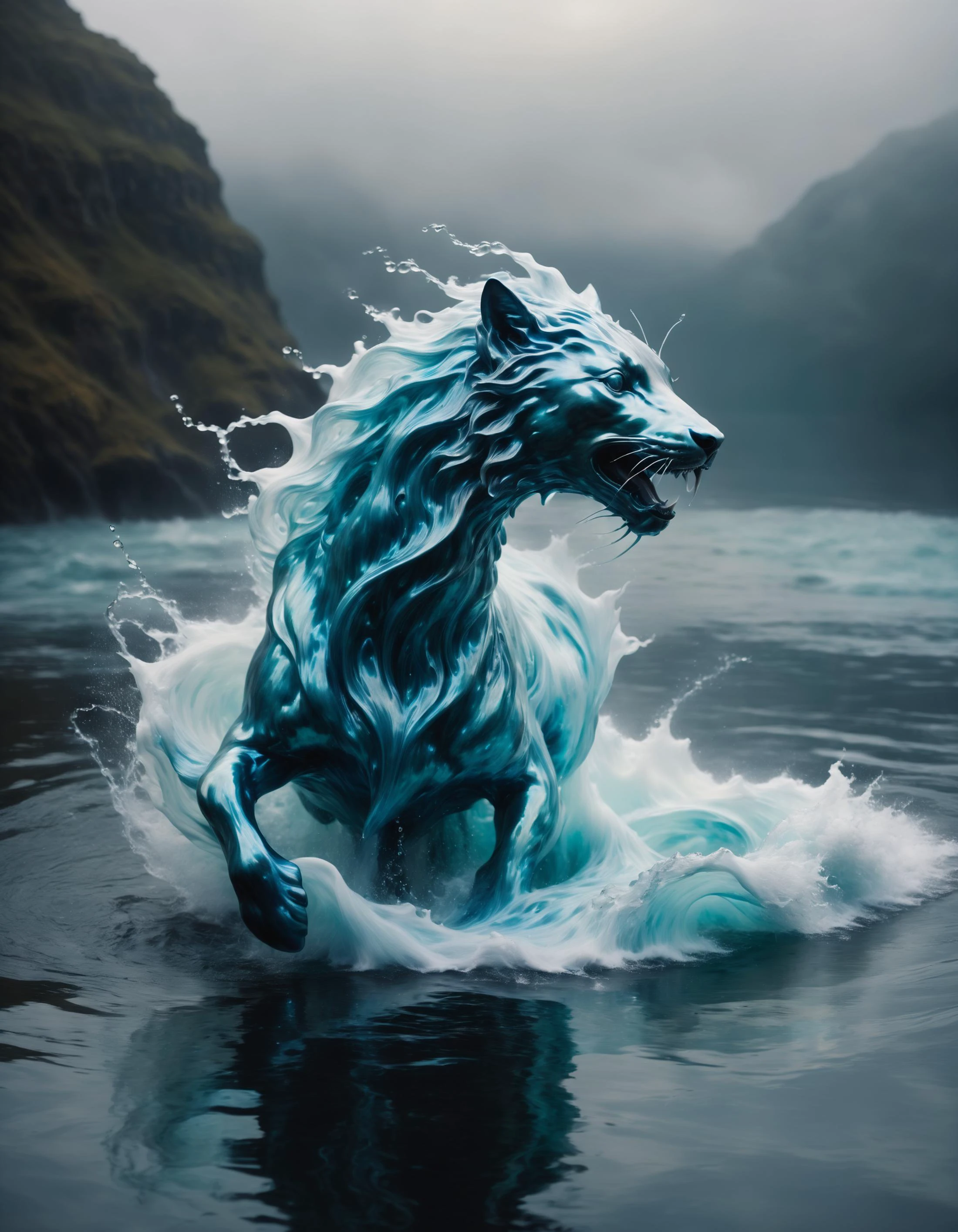 Criatura fantástica feita de águas turbulentas, forma etérea, inspirado no surrealismo