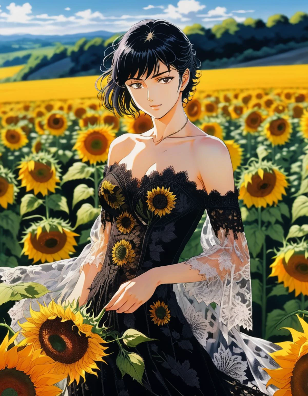anime manga, berserk, Flaunting a daring, sheer lace gown with strategically placed embroidery and a fitted silhouette, junji ito style, kentaro miura manga art, beautiful anime portrait, Blooming sunflowers, vibrant yellow, sunlit field, cheerful atmosphere, natural beauty