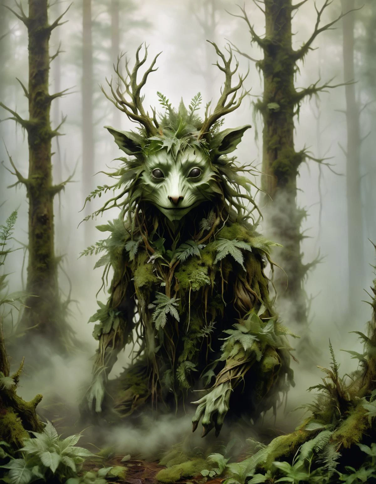 Uma criatura da floresta feita de neblina densa, cercado por névoa e vegetação exuberante. No estilo da eco-arte de Wendy Froud.