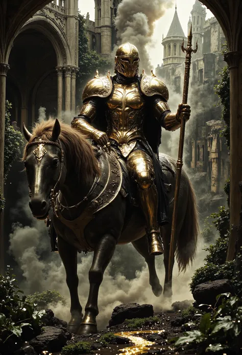 A towering knight clad in gleaming golden armor, wielding a halberd and shield, mounted on a formidable armored steed, patrols the grounds of a weathered church. This scene is depicted in stunning detail, resembling an ultra-realistic dark fantasy painting. The knight's intricate armor shines with a majestic luster, contrasting with the somber backdrop of the ancient church. The artist's attention to realism and dark ambiance immerses the viewer in a world of fantasy and mystery, making this image truly captivating.